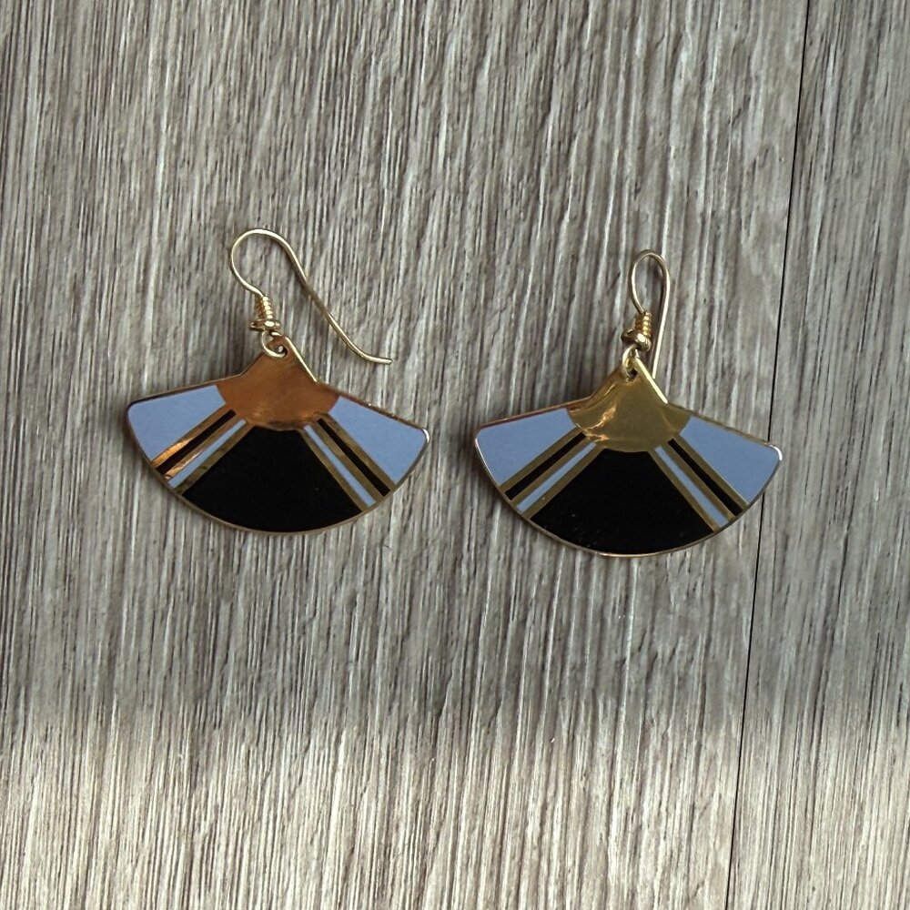 Vintage Laurel Burch Black & Light Blue Enamel Fan Earrings Signed